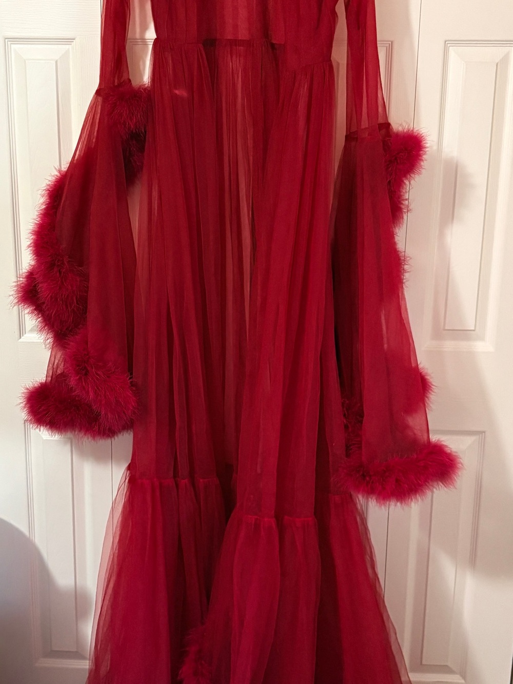 Red Sheer Marabou-Trim Maxi Gown Dress